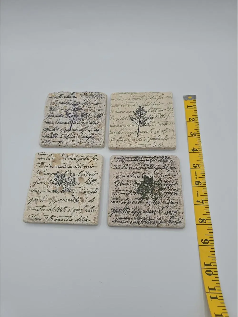Vintage Style Botanical Travertine Tile Coaster Set 4 Handmade Cottagecore Decor